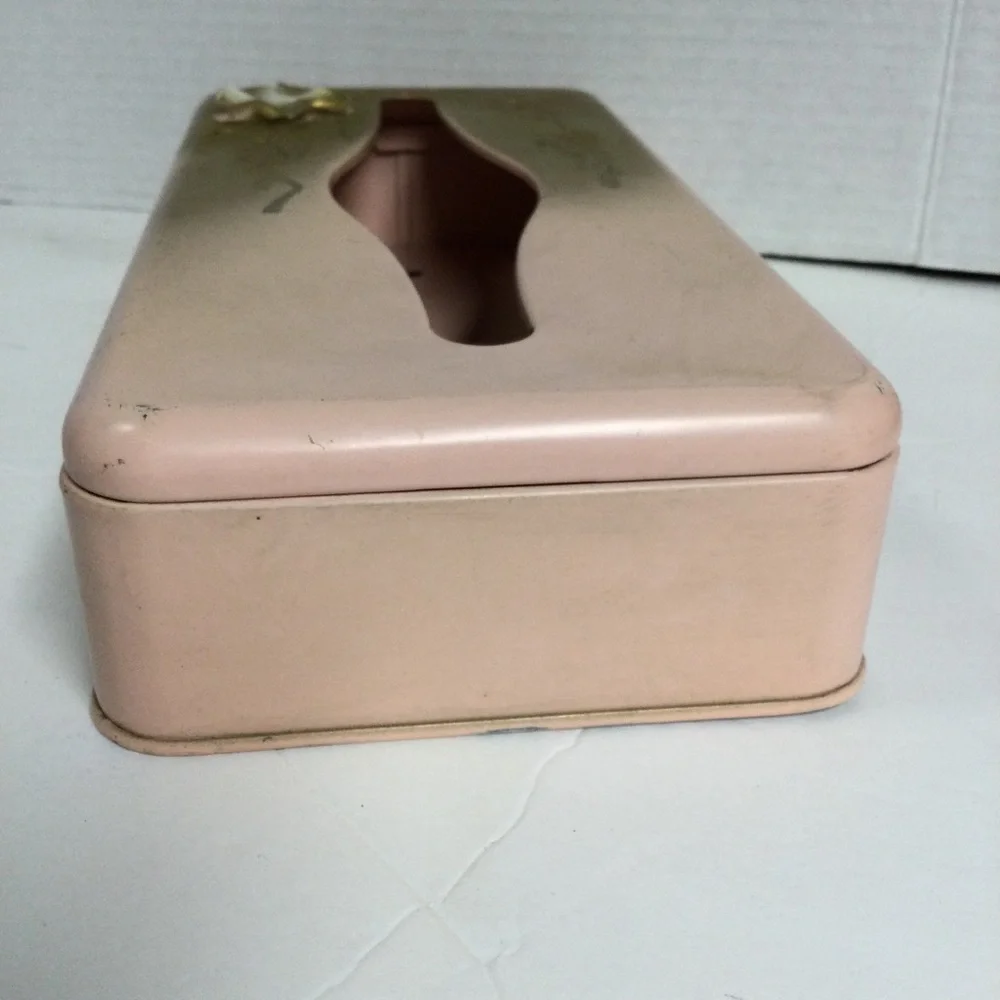 Vintage Ransburg Pink Gold Floral Metal Tissue Box Holder Mountable